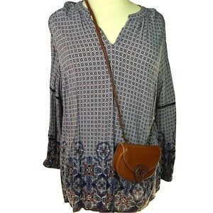 New Directions Plus Size 3X Top Blue White Geometric Patterned Tunic Blouse Fall